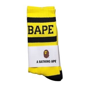 Bape Crew Socks‎ Logo Striped Mens Womens Unisex Size 9-11 Yellow Black